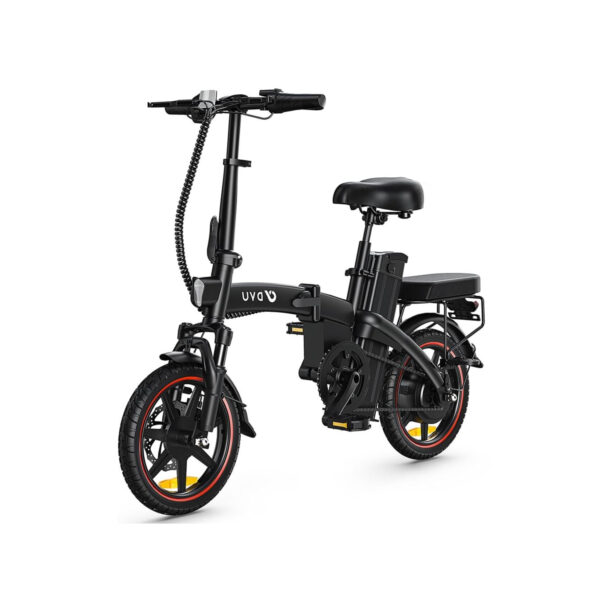 a black folding bike with seat and handlebars